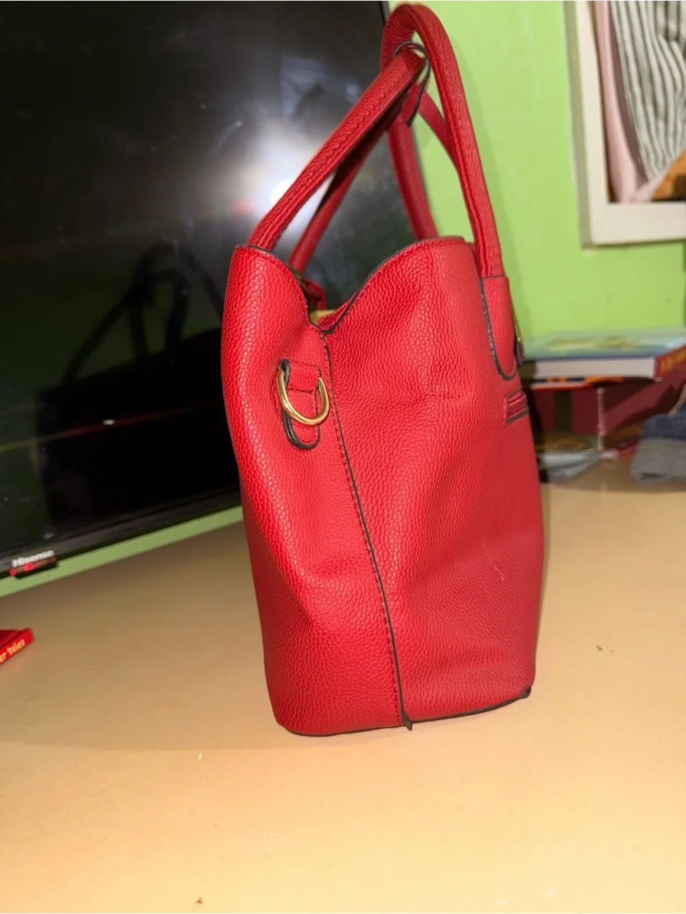 Red Pebbled Satchel with Gold Hardware